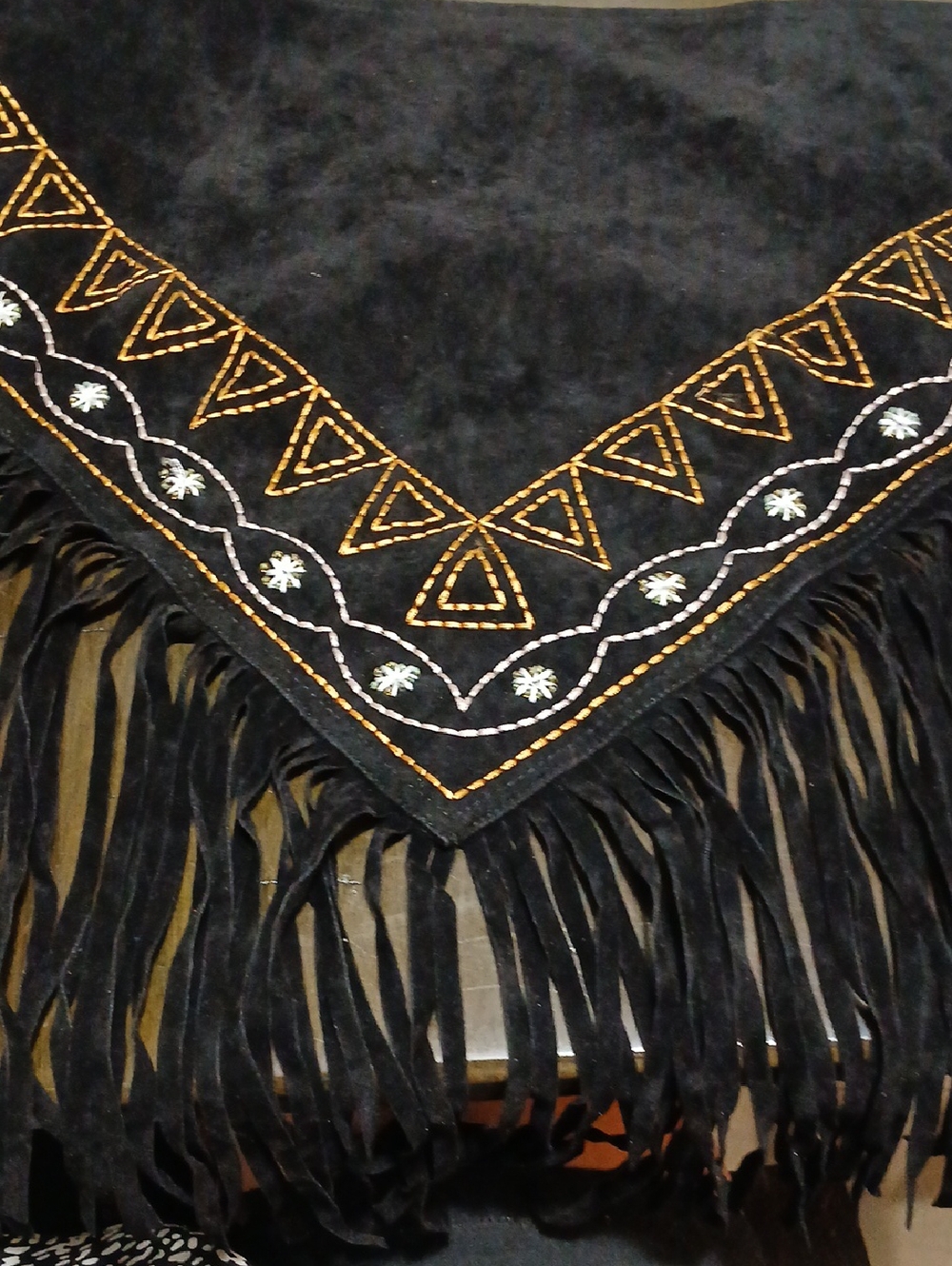 Black Fringe Embroidered Triangle Scarf